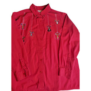 Basic Editions Holiday Embroidered Dear Heads Shirt Red Women's L Large